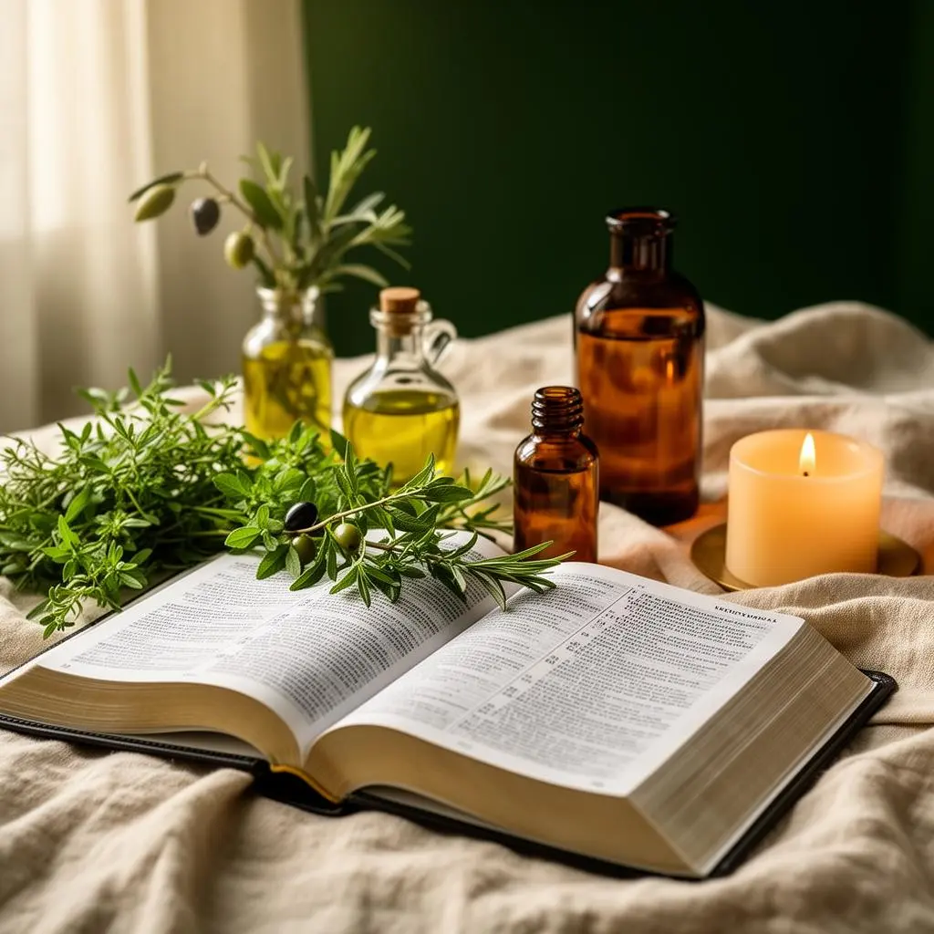 open book with herbs and natural wellness oils